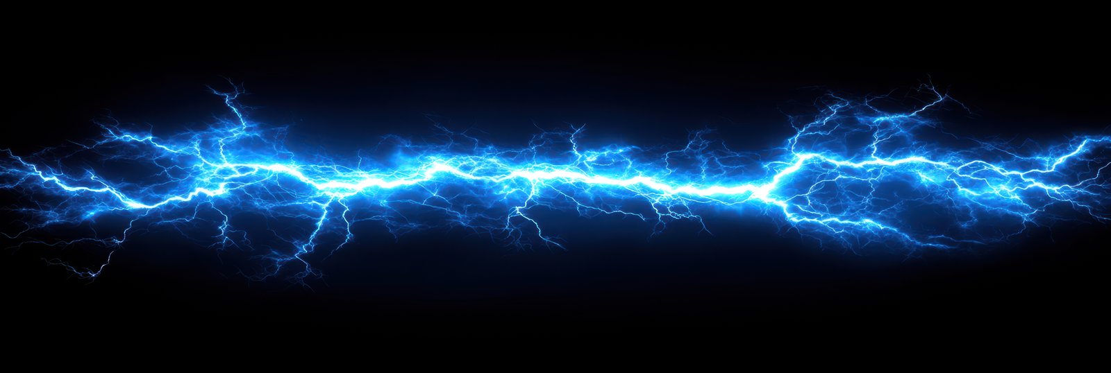 A blue electric bolt streaks across a dark background